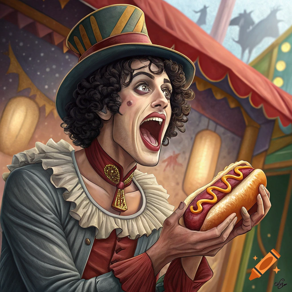 Character in a theatrical circus costume and makeup excitedly eating a hot dog in a tent.