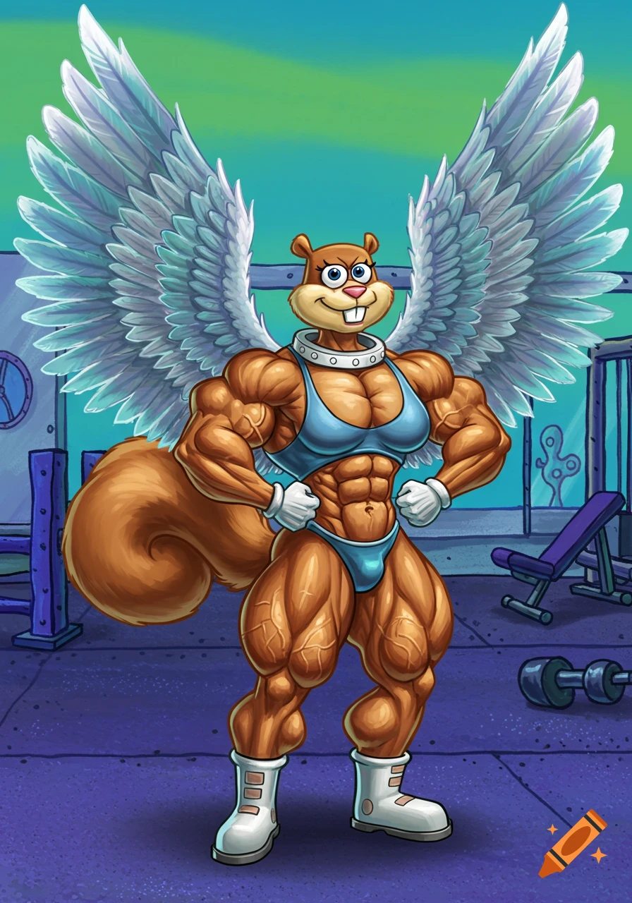 Cartoon Sandy Cheeks as a muscular bodybuilder with large wings in a ...