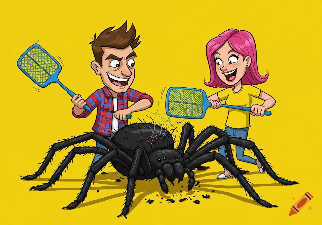 Cartoon man and woman hit a large black spider with fly swatters on a yellow background.