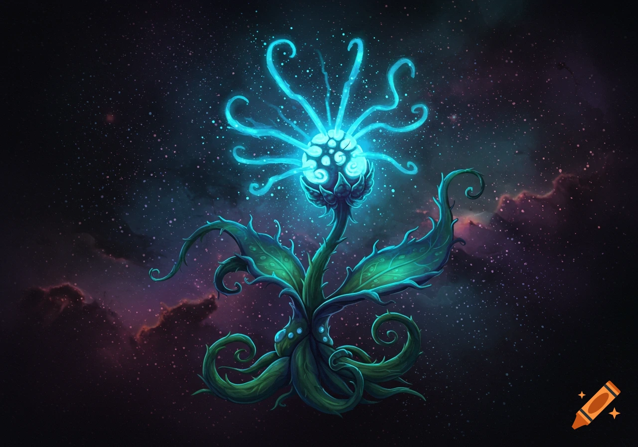 A glowing blue alien plant with tendrils against a starry space background.