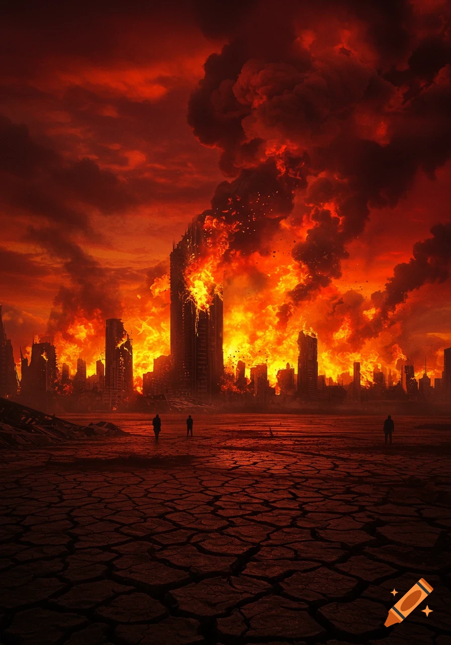 Silhouetted figures stand on cracked ground looking at a burning, ruined city skyline under a fiery red sky.