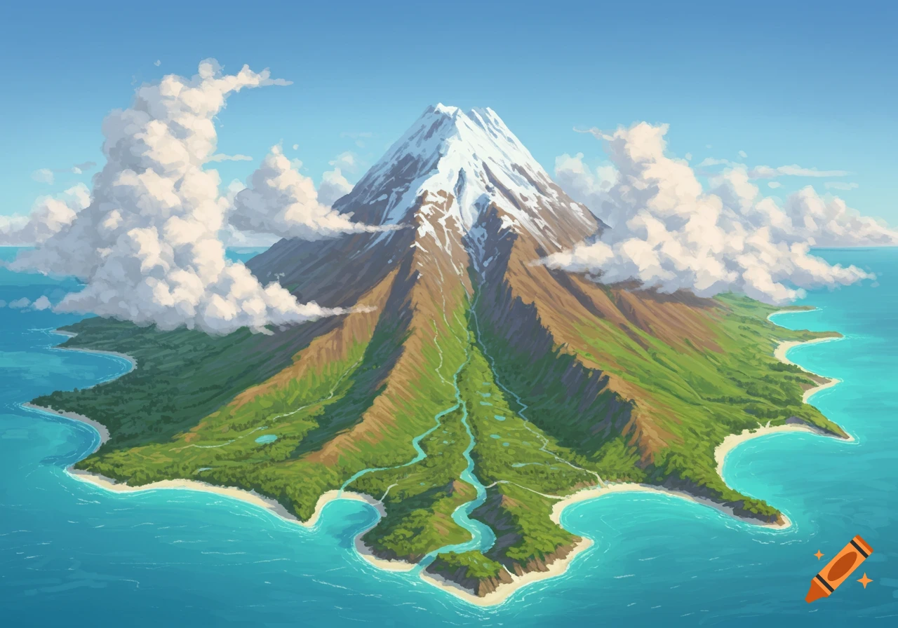 Aerial view of a lush green island with a snow-capped mountain and river, surrounded by blue ocean and clouds in a painterly style.