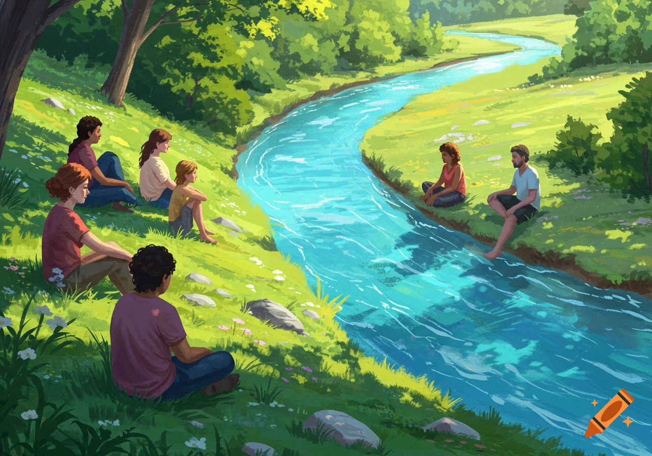 People sit by a winding river on a grassy bank in a sunny, stylized landscape.