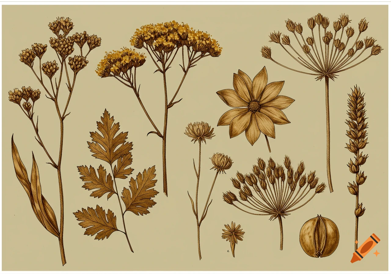 Vintage-style drawing of various botanical elements including flowers, leaves, and seed pods.