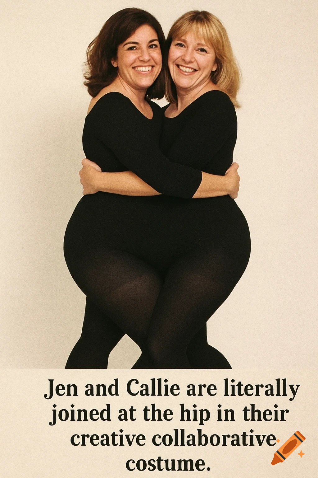 Two women in a black costume creating a joined-at-the-hip illusion