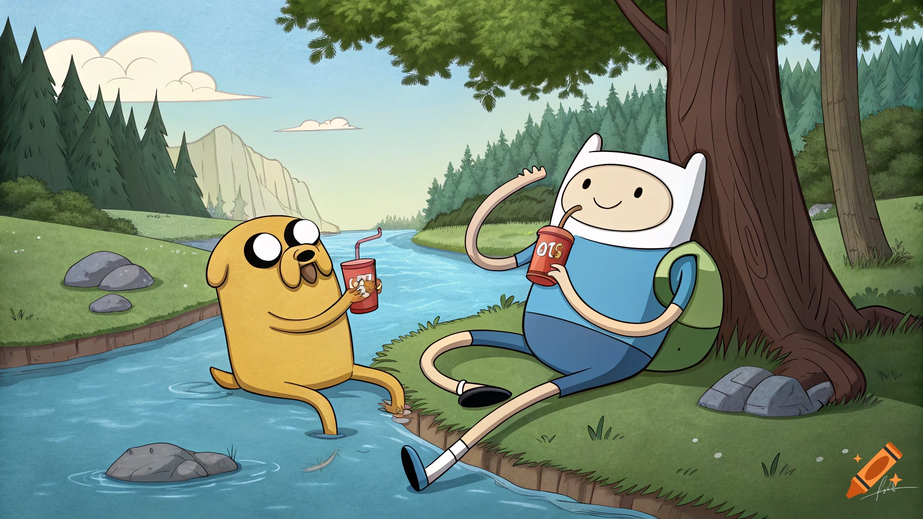 Finn and Jake from Adventure Time drinking soda by a river, cartoon style.
