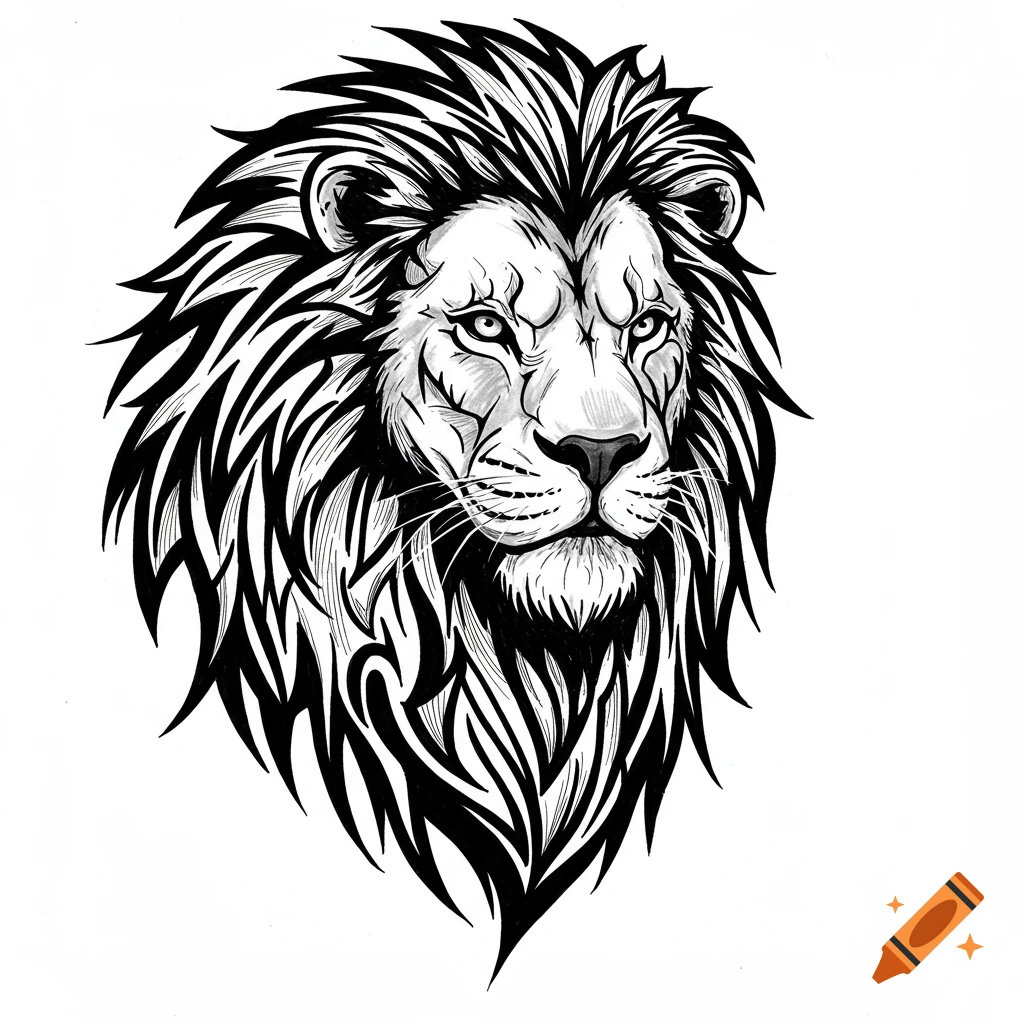 Black and white tribal drawing of a lion's head.