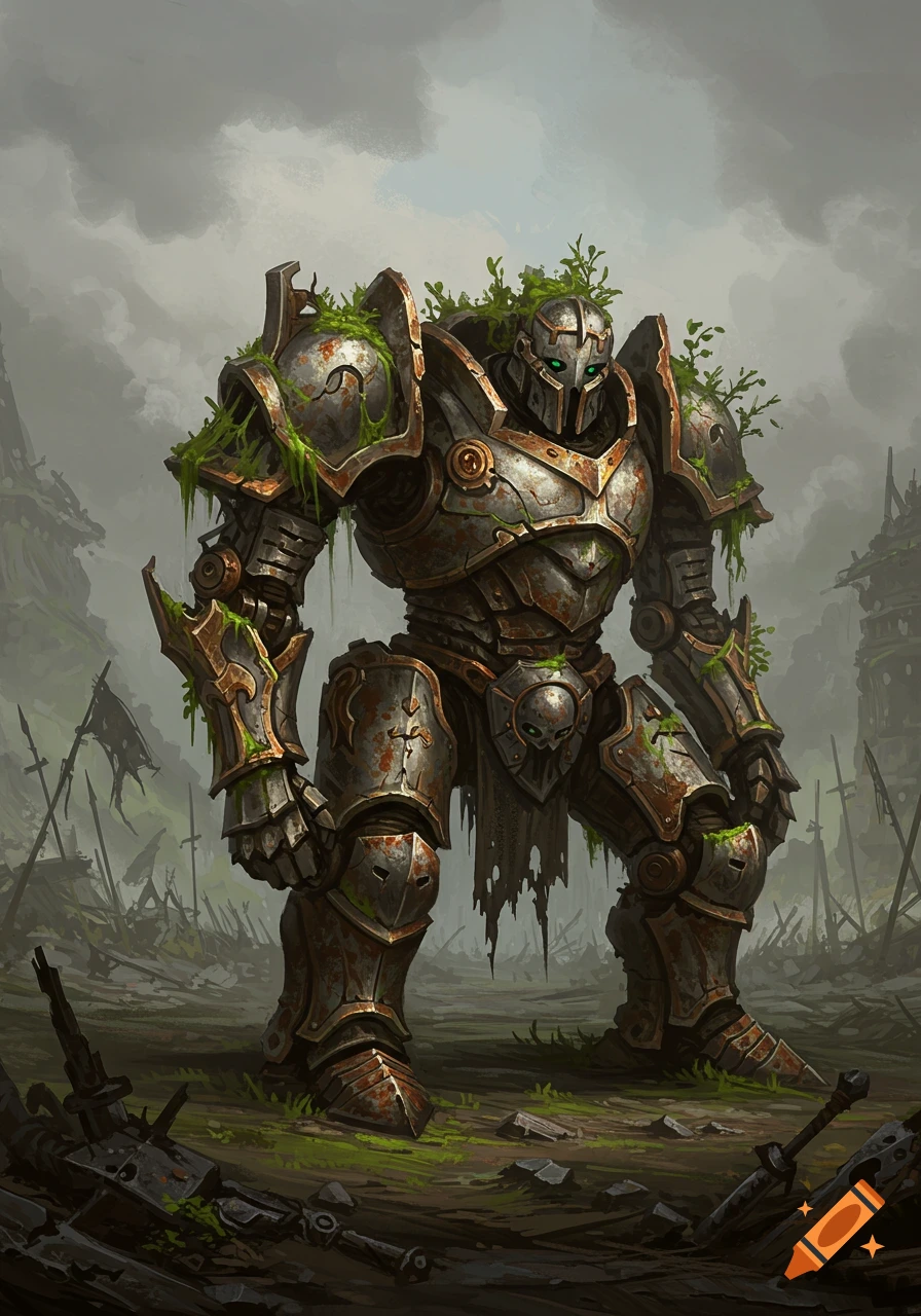 Rusty, moss-covered robot stands in a debris-filled battlefield under a stormy sky. Digital painting.