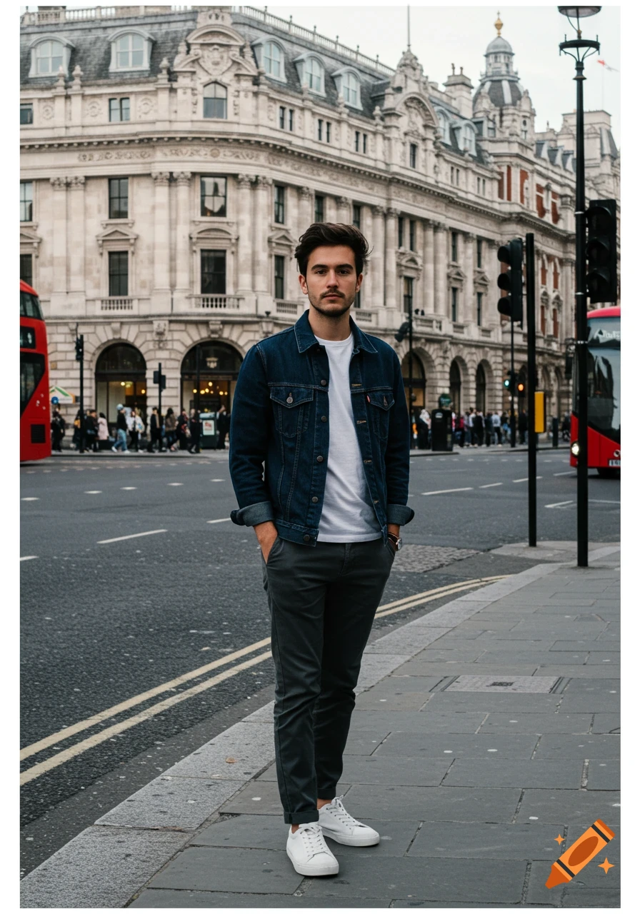Man in denim jacket standing on a London street.