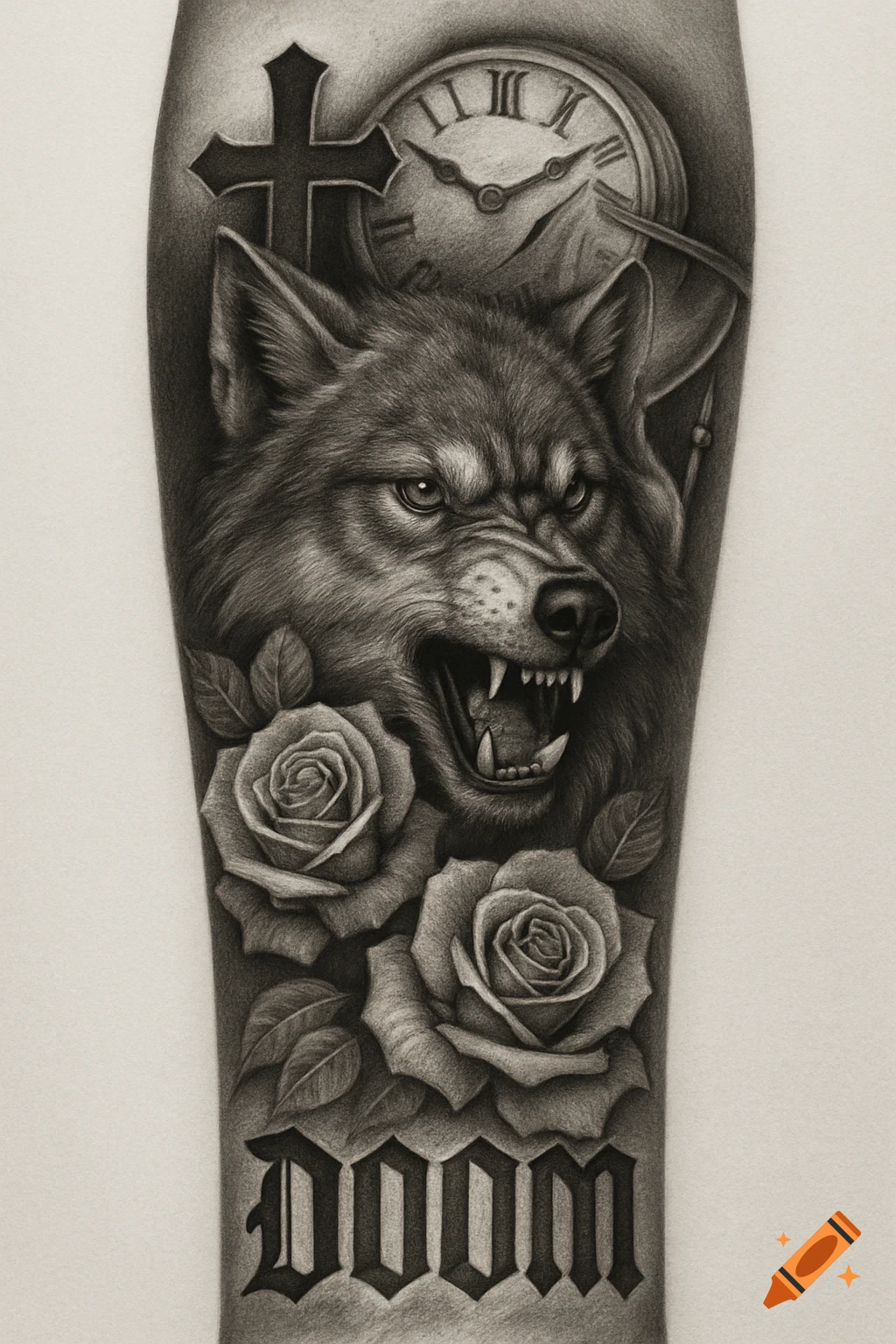 Pencil sketch tattoo design of a snarling wolf head, roses, cross, clock, and the word DOOM.