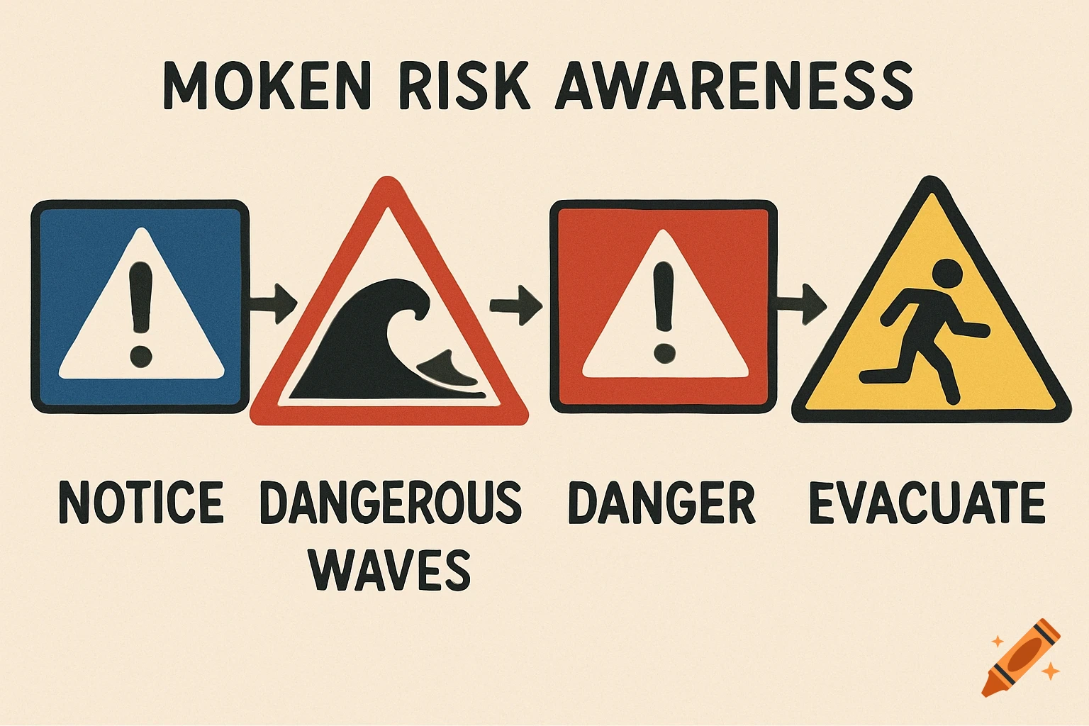 Diagram showing four warning signs for Moken risk awareness: Notice, Dangerous Waves, Danger, Evacuate.