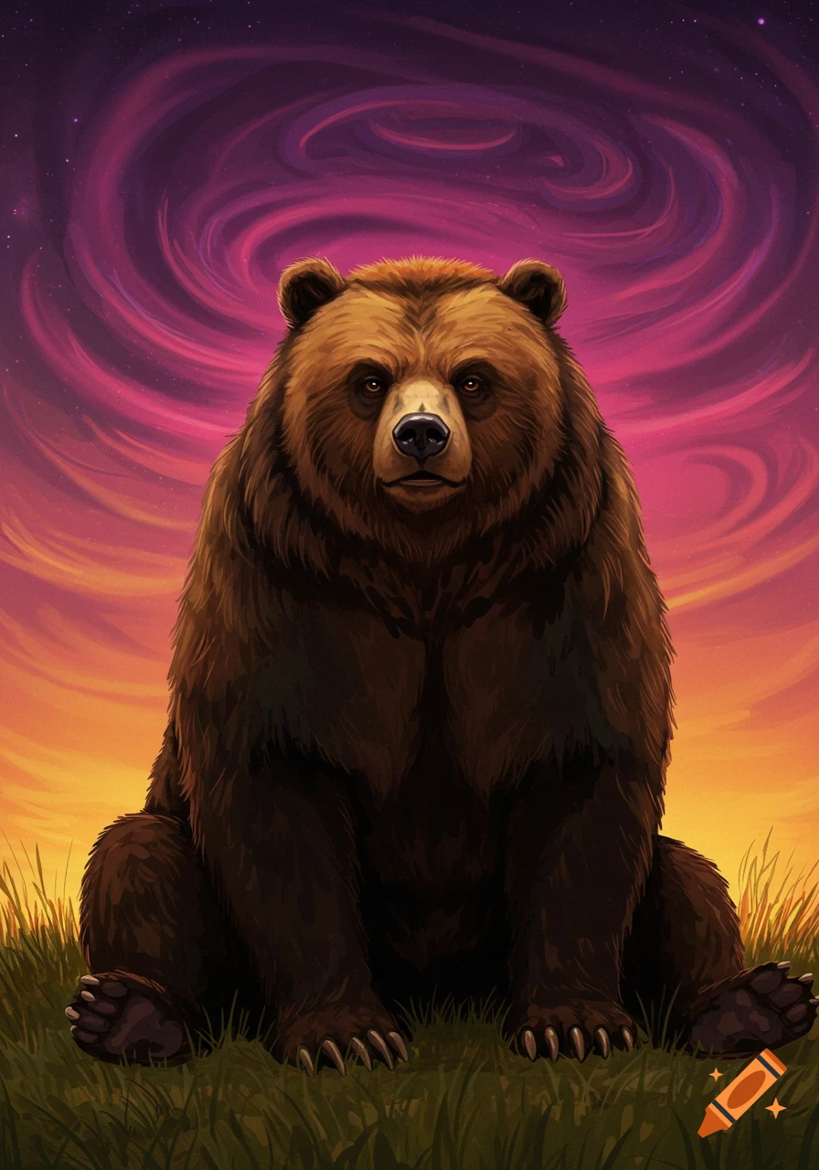 A brown bear sits in grass under a swirling purple and orange sky.
