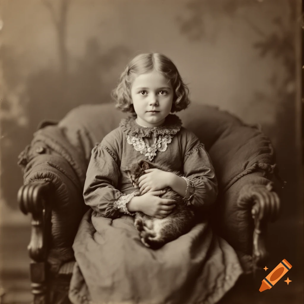 Sepia photo of Victorian girl in chair holding kitten