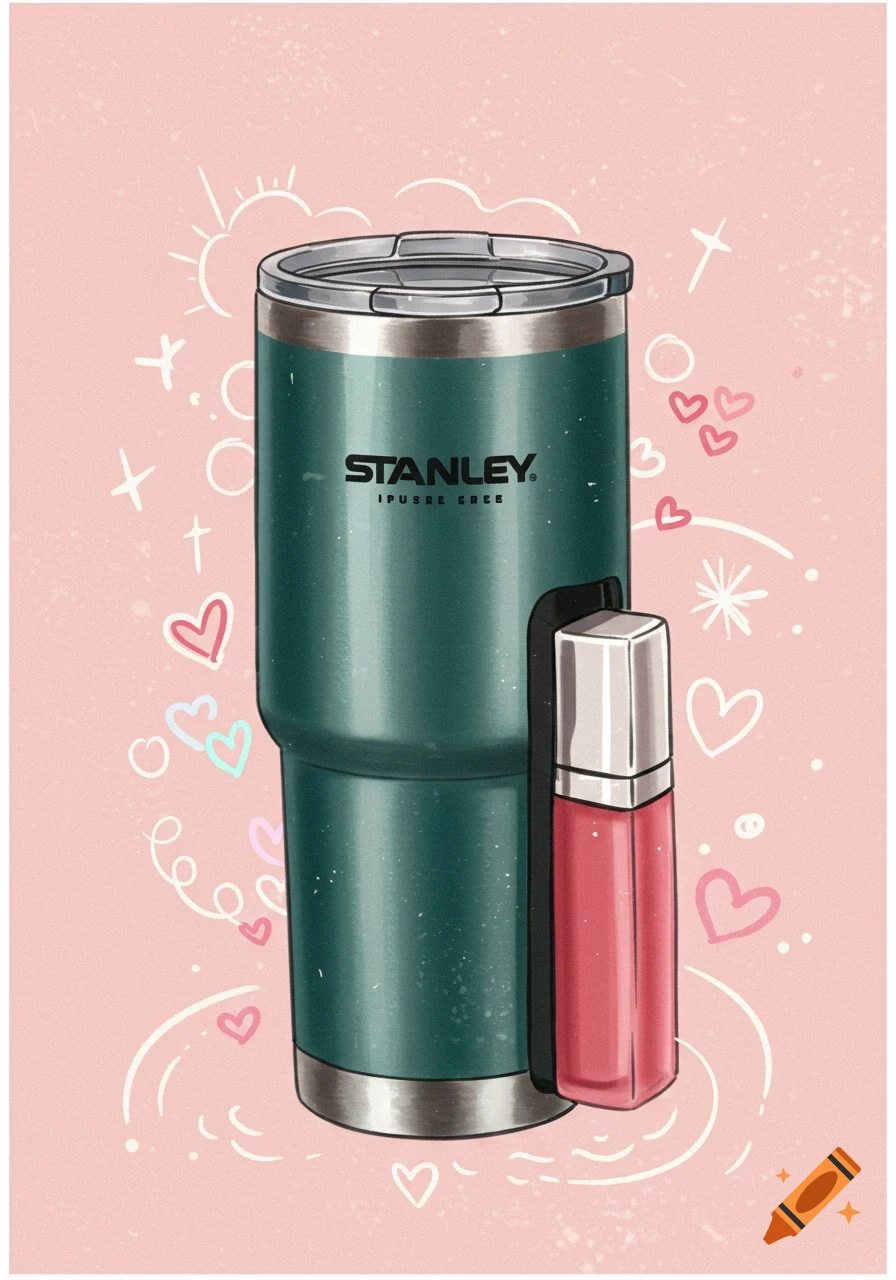 Illustration of a green tumbler with a red lip gloss attached, on a pink background with doodles.