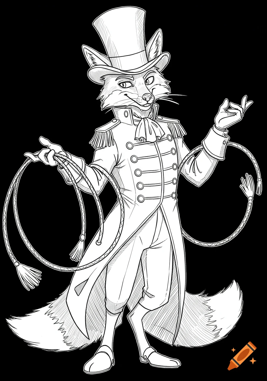 Line art illustration of an anthropomorphic fox ringmaster holding whips.