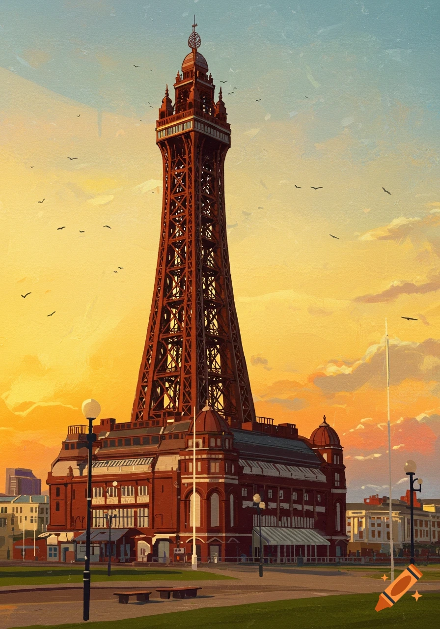 Illustration of Blackpool Tower against an orange sunset sky.
