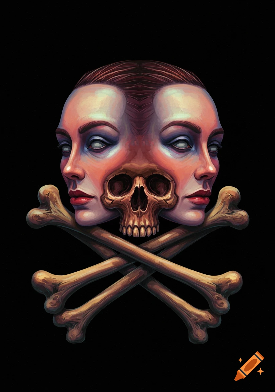 Stylized illustration of two faces merged with a skull above crossed bones on black.