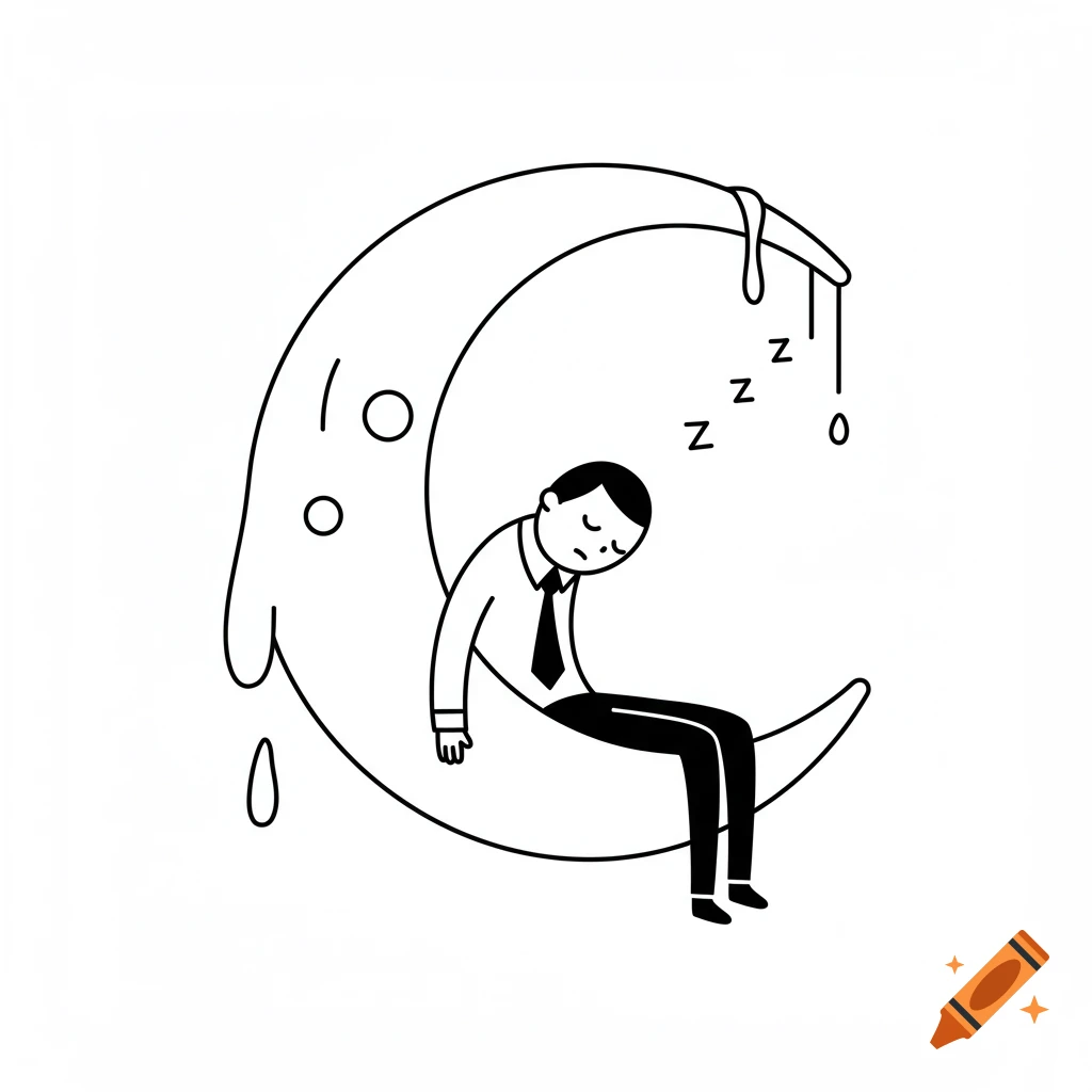 Minimalist black and white illustration of a figure sleeping on a crescent moon with Zs floating.