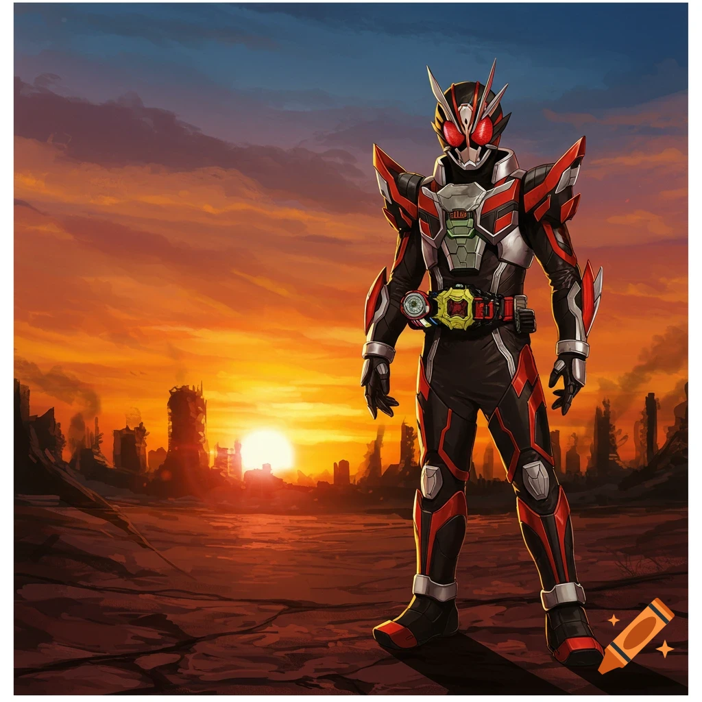 Super hero in a suit stands in a ruined city landscape at sunset.