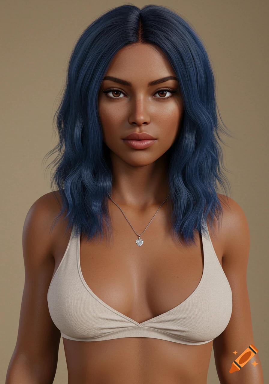 Realistic portrait of a woman with blue hair and brown eyes wearing a bra and heart necklace.