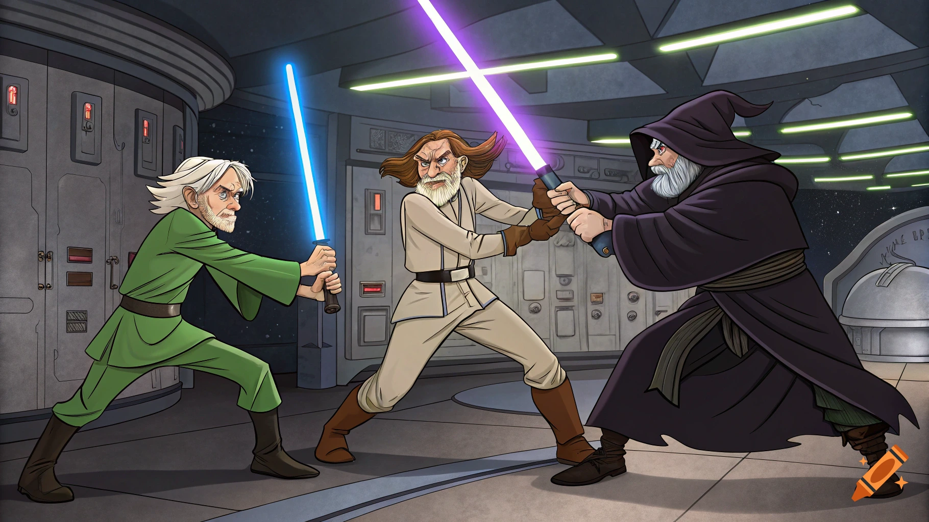 Three stylized figures fight with lightsabers in a sci-fi corridor in a cartoon style.