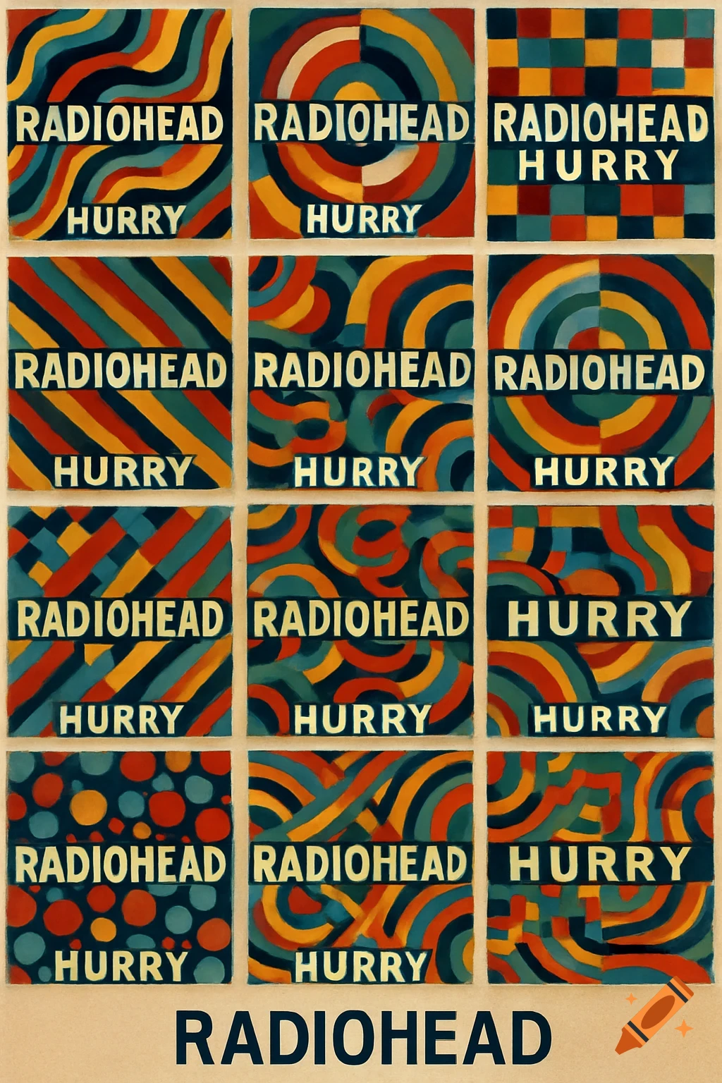 A grid of panels featuring abstract retro patterns in red, yellow, blue, and teal, with the text "RADIOHEAD HURRY" on each panel.