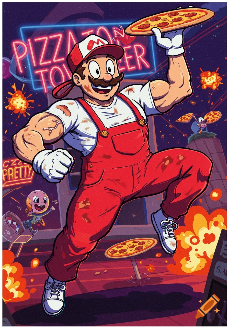 Muscular cartoony character resembling Mario jumps while holding a pizza, in a chaotic scene with a neon sign.