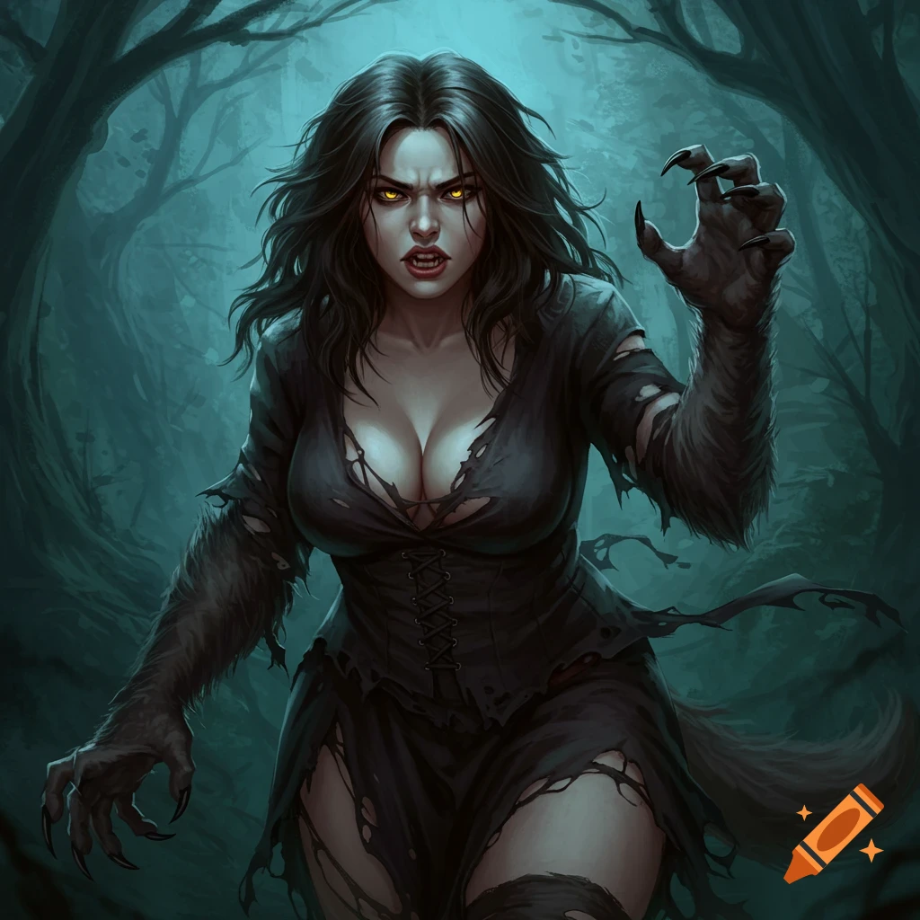 Fantasy illustration of a woman transforming into a werewolf in a dark forest, with glowing eyes and claws.