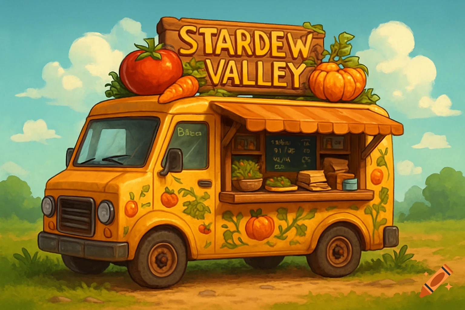Illustration of a Stardew Valley-themed food truck with vegetables