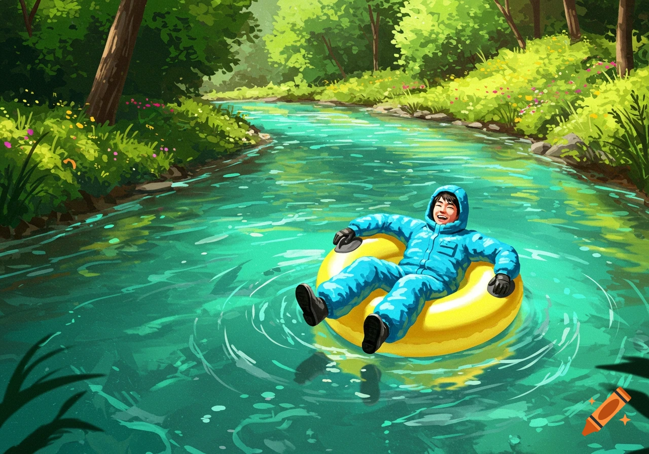 Cartoon illustration of a person in a blue suit floating down a river on a yellow tube.