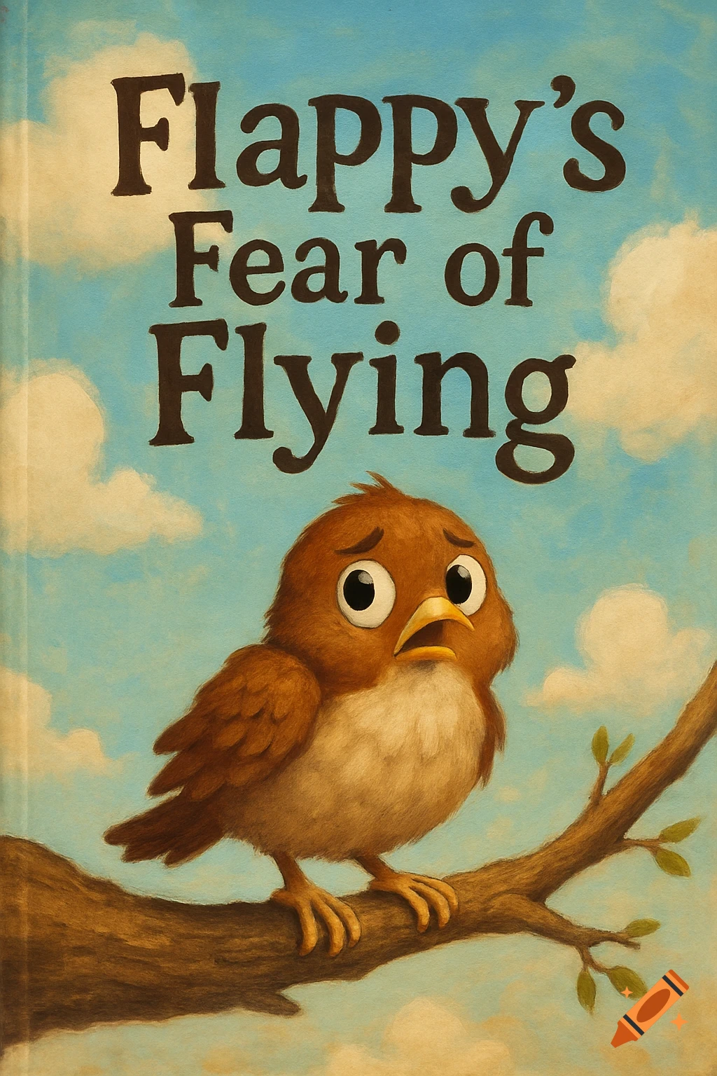 Children's book cover illustration featuring a scared brown cartoon bird on a branch with the title 'Flappy's Fear of Flying'.