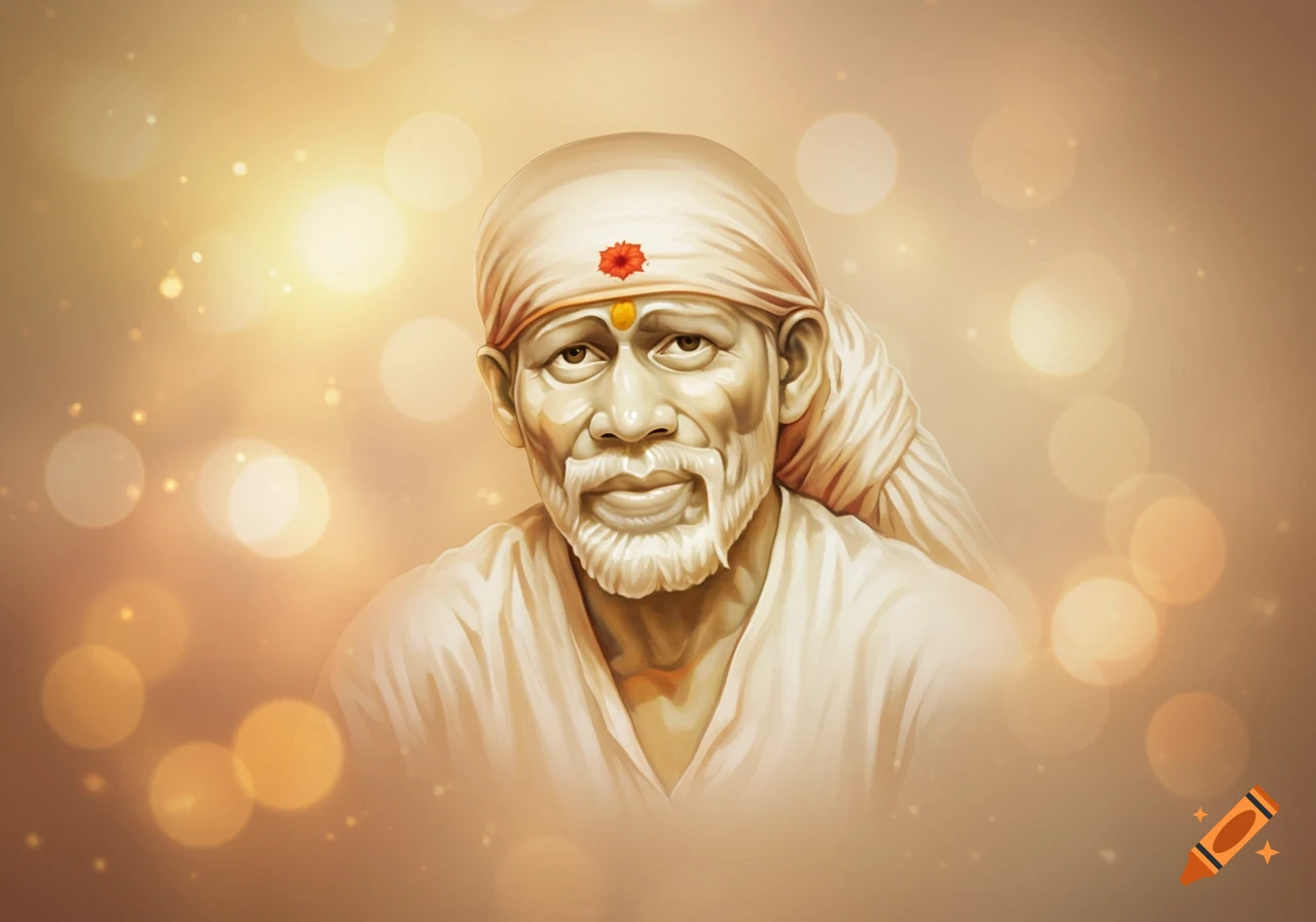 Soft-focus spiritual portrait of Sai Baba with a glowing background.