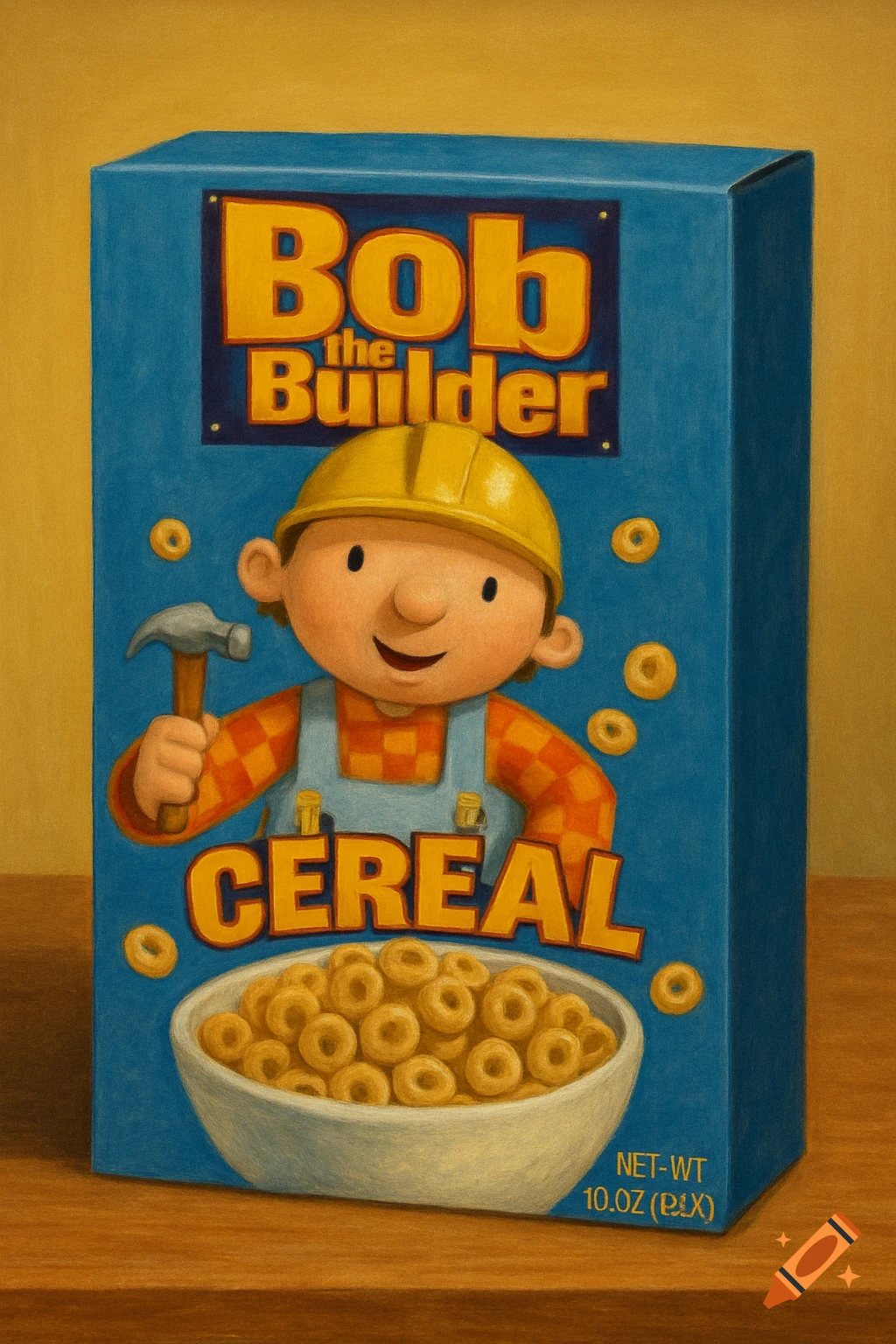 Painting of a Bob the Builder cereal box with the character holding a hammer next to a bowl of cereal.
