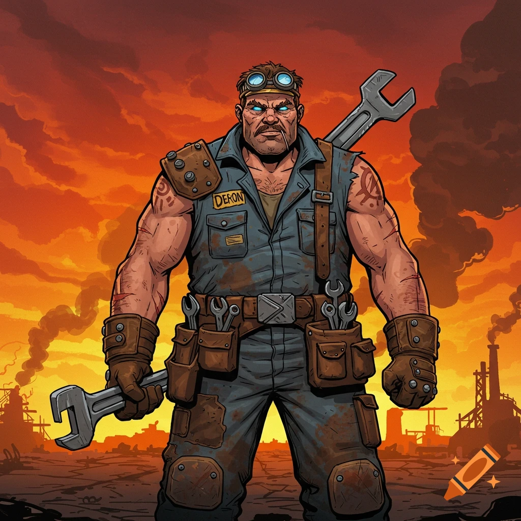 Stylized muscular mechanic with goggles, tool belt, and large wrenches, standing in front of an industrial wasteland under an orange sky.