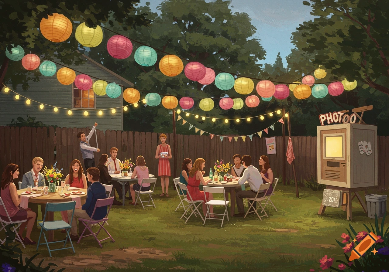 Backyard party with people, colorful lanterns, string lights, and a photo booth.