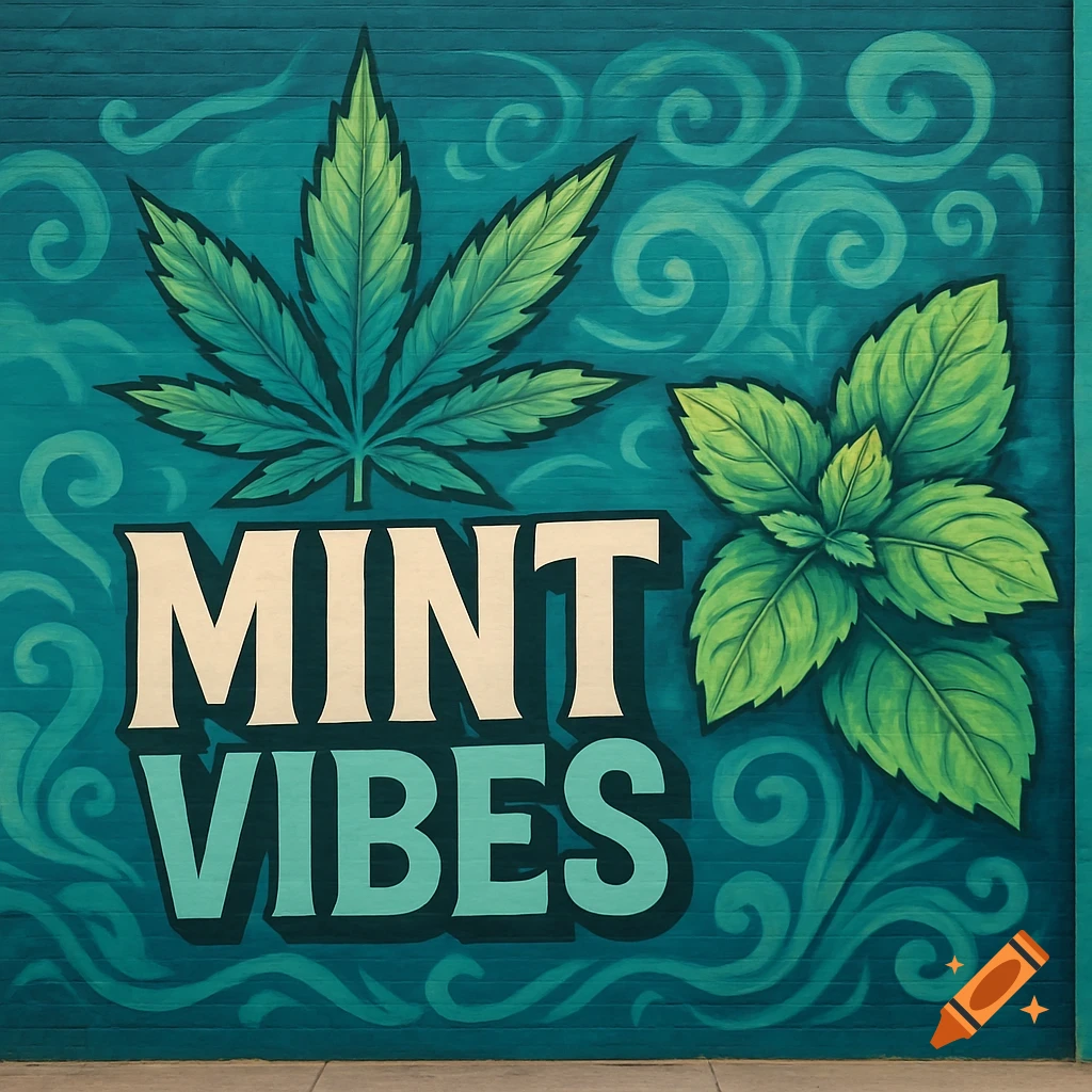 Mural with marijuana leaf, mint leaves, and 'MINT VIBES' text on a brick wall.