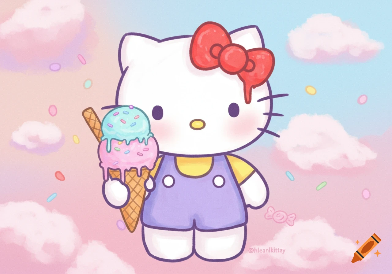 Hello Kitty holding a pink and blue ice cream cone in a pastel sky with clouds