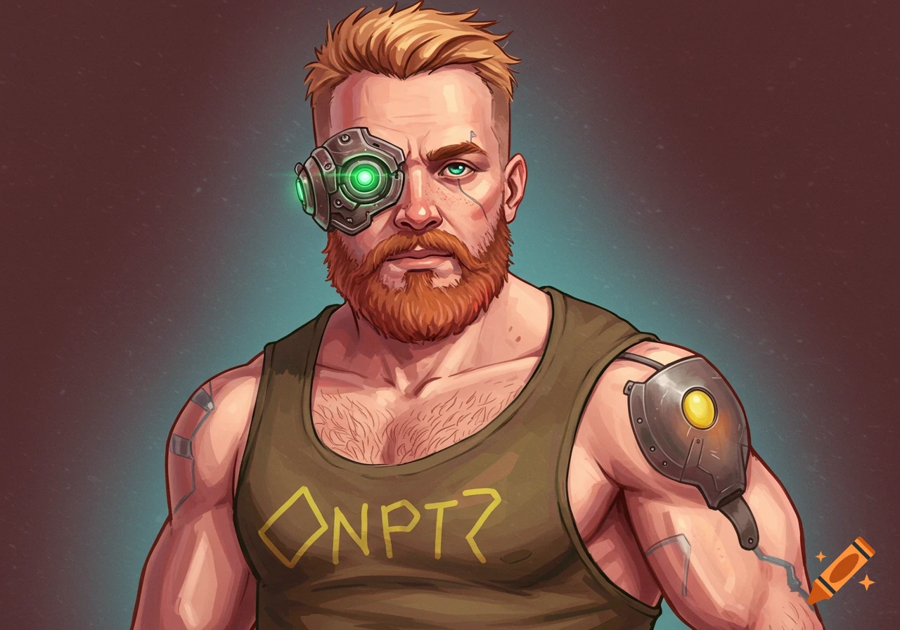 A muscular cyborg character with a cybernetic eye and arm piece, wearing a tank top, in a cartoon style.