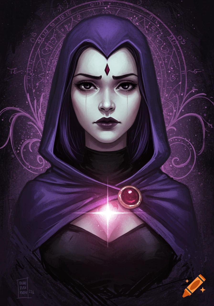 Illustration of a mysterious woman in a purple hooded cloak with glowing jewel and symbols.