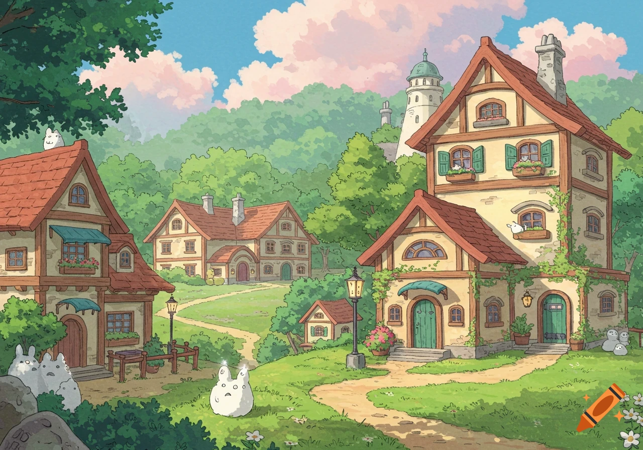 A whimsical village scene in the style of Studio Ghibli, with houses, trees, paths, and round white creatures.