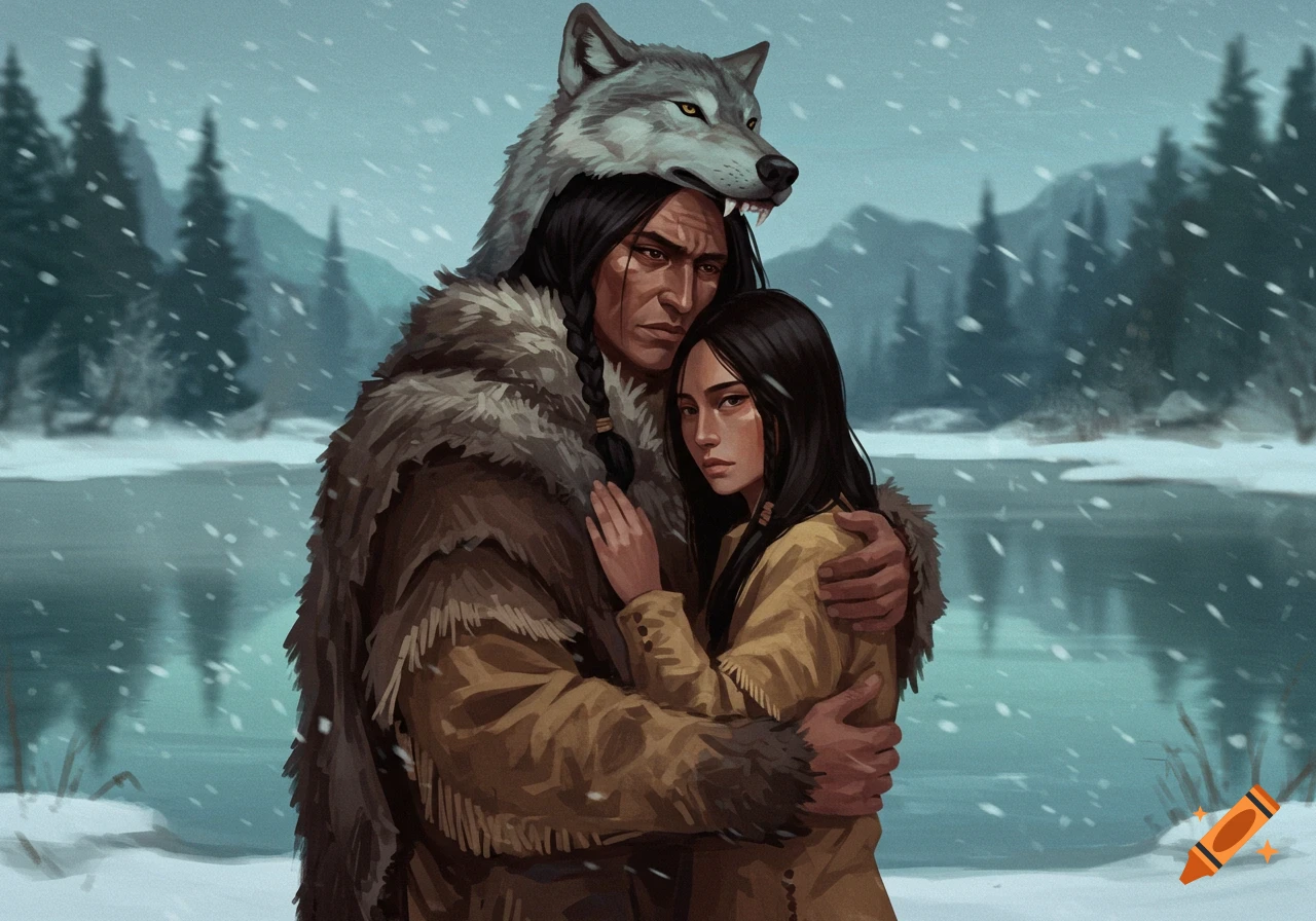 Minimalist digital art of a man with a wolf headdress embracing a woman in a snowy landscape.