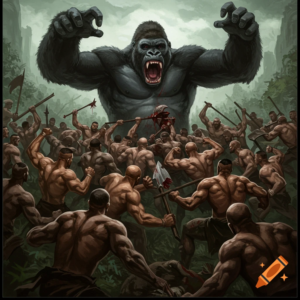 Giant gorilla battles a group of men in a jungle