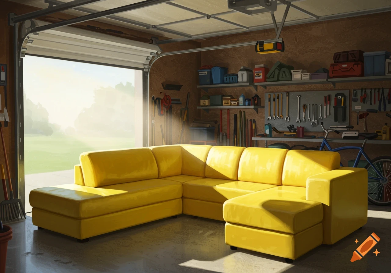 Illustration of a yellow L-shaped couch in a garage with the door open.
