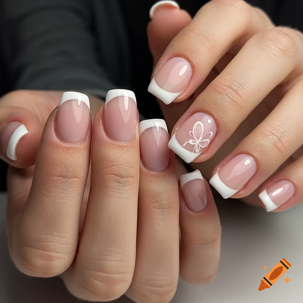 Close-up of a hand with a french manicure and a white butterfly design on one nail.