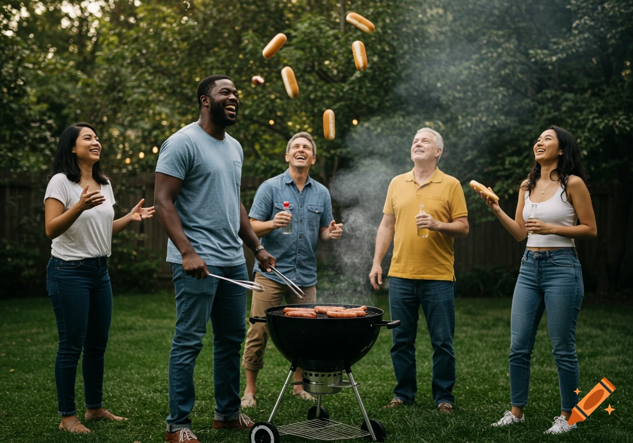 A diverse group of friends laughs in a backyard during a barbecue, with hot dog buns flying in the air.