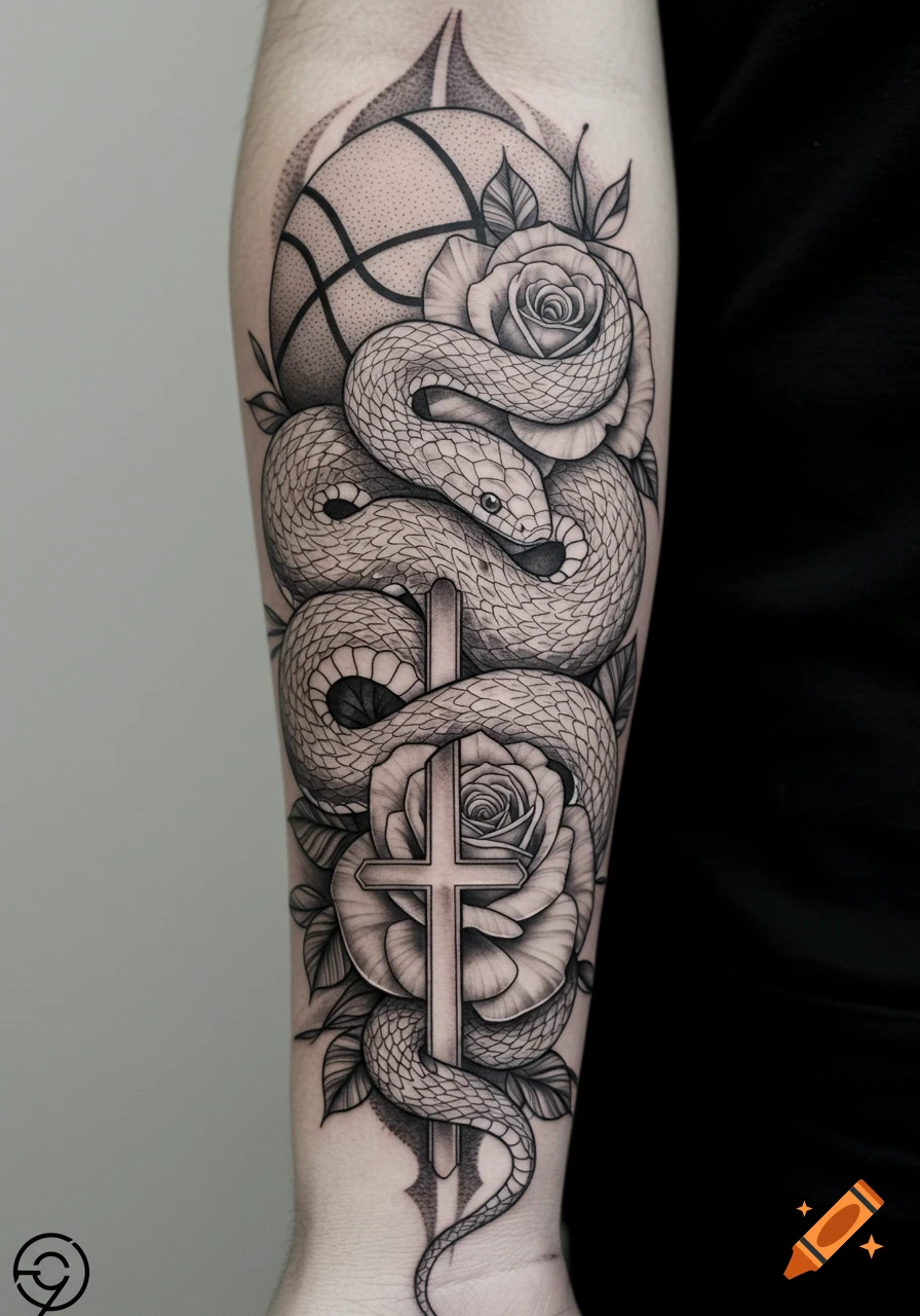 Black and white tattoo design of snake coiled around roses and a cross with a basketball.