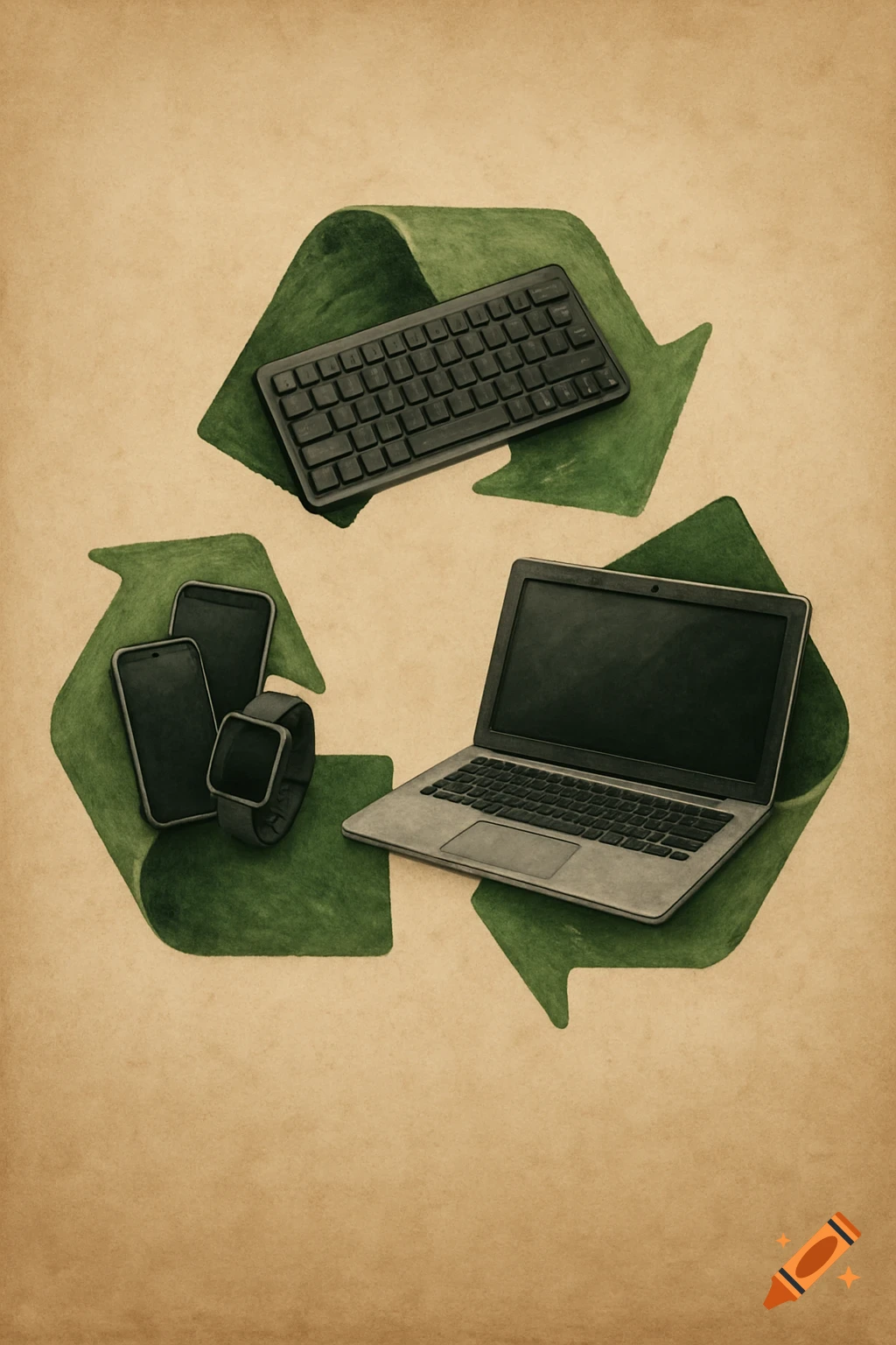 A recycling symbol with electronics like a keyboard, laptop, smartphones, and smartwatch.