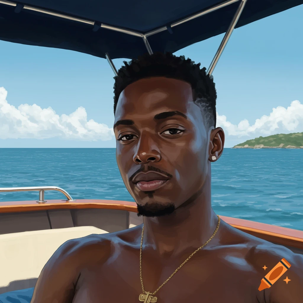 Digital painting of a young man on a boat at sea.