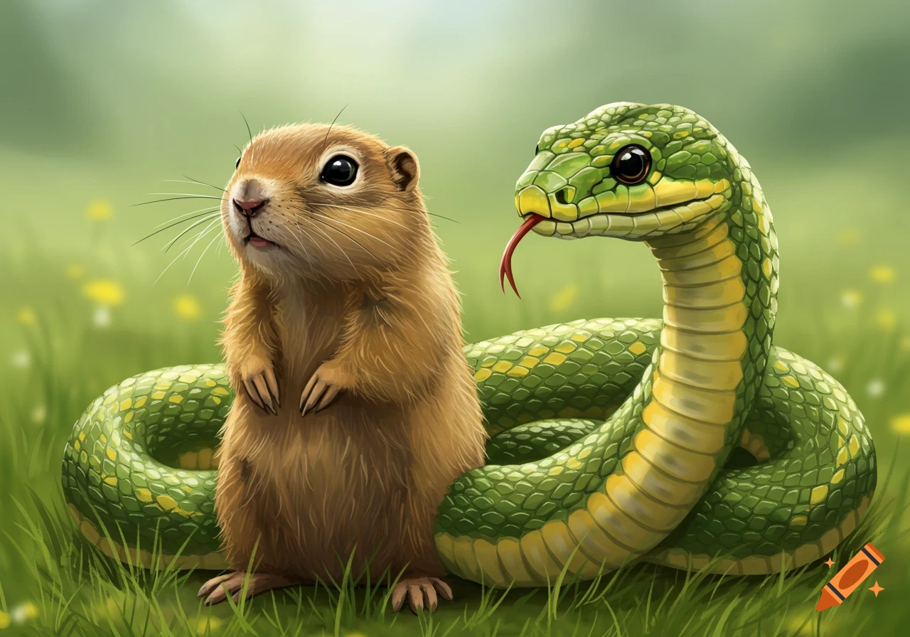 A creature that is half gopher and half snake stands in green grass.