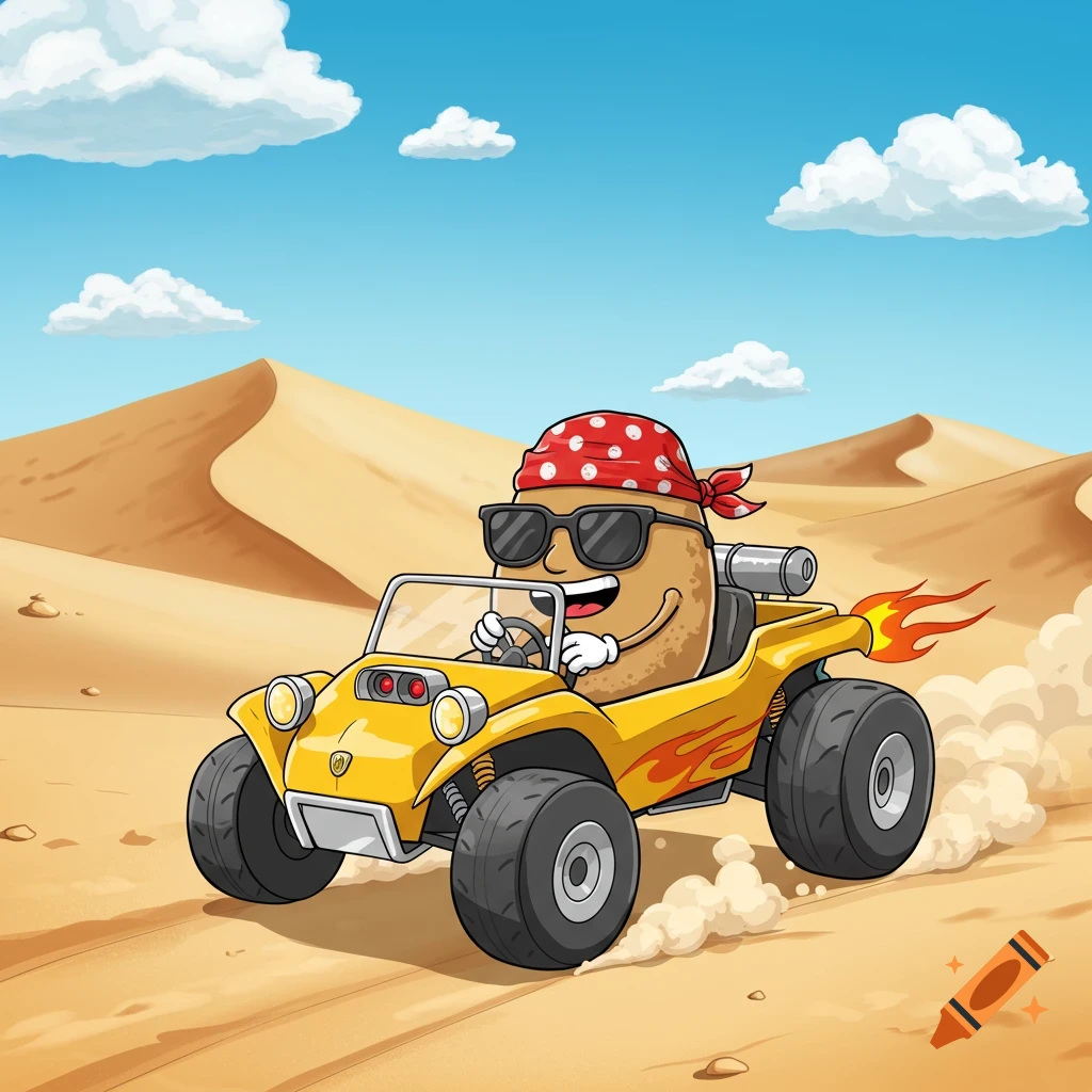 Cartoon potato driving a dune buggy in the desert